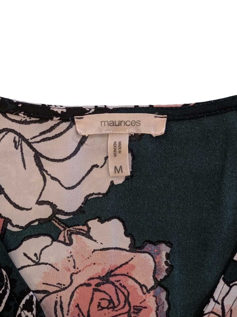 Maurices Floral V-Neck Top in Dark Green with Pink, Blue, & Cream Roses - Picture 4 of 6